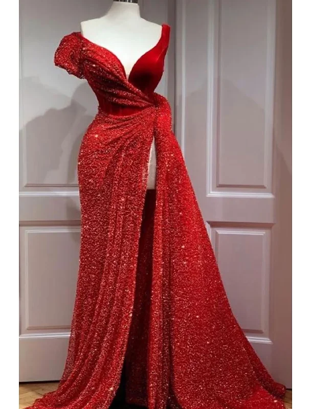 women's glam dresses A-Line Sparkle & Shine High Split Prom Formal Evening Dress V Neck Short Sleeve Court Train Satin with Sequin Slit
