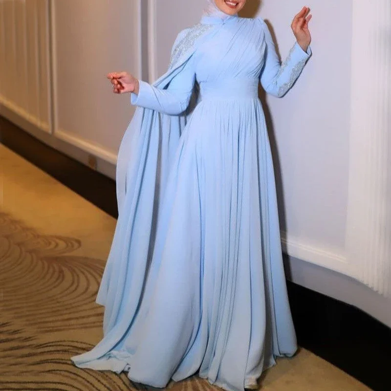 Wrap Dress  Light Sky Blue Prom Dresses for Hijab Women High Neck Long Sleeve Cape A Line Floor Length Sequined Muslim Evening Party Gowns