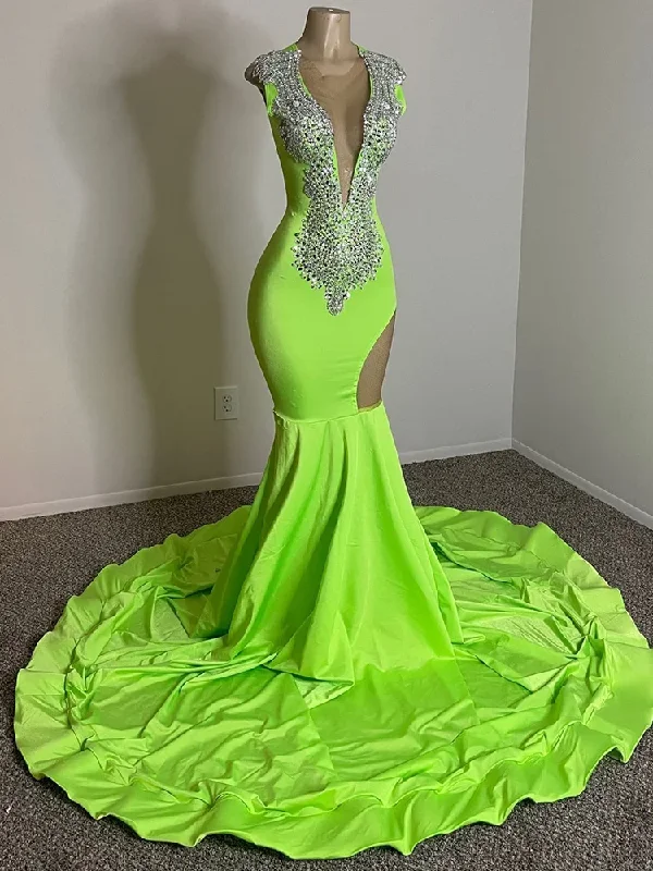 Beaded Dress Long Sheer Green Mermaid Prom Dresses with Crystals vestidos para eventos especiales Party Formal Occasion Dresses