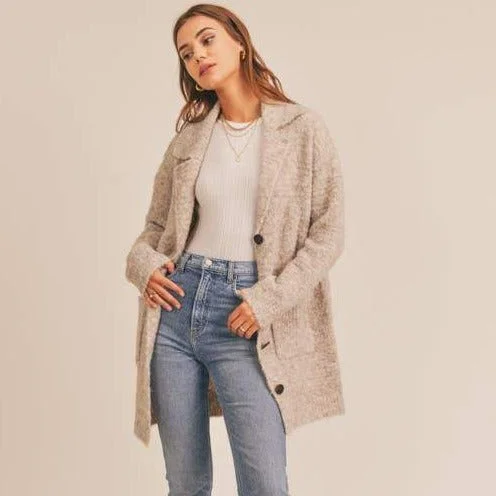 Trendy Vintage Flannel Sweaters Notched Collar Cardigan (Oatmeal)
